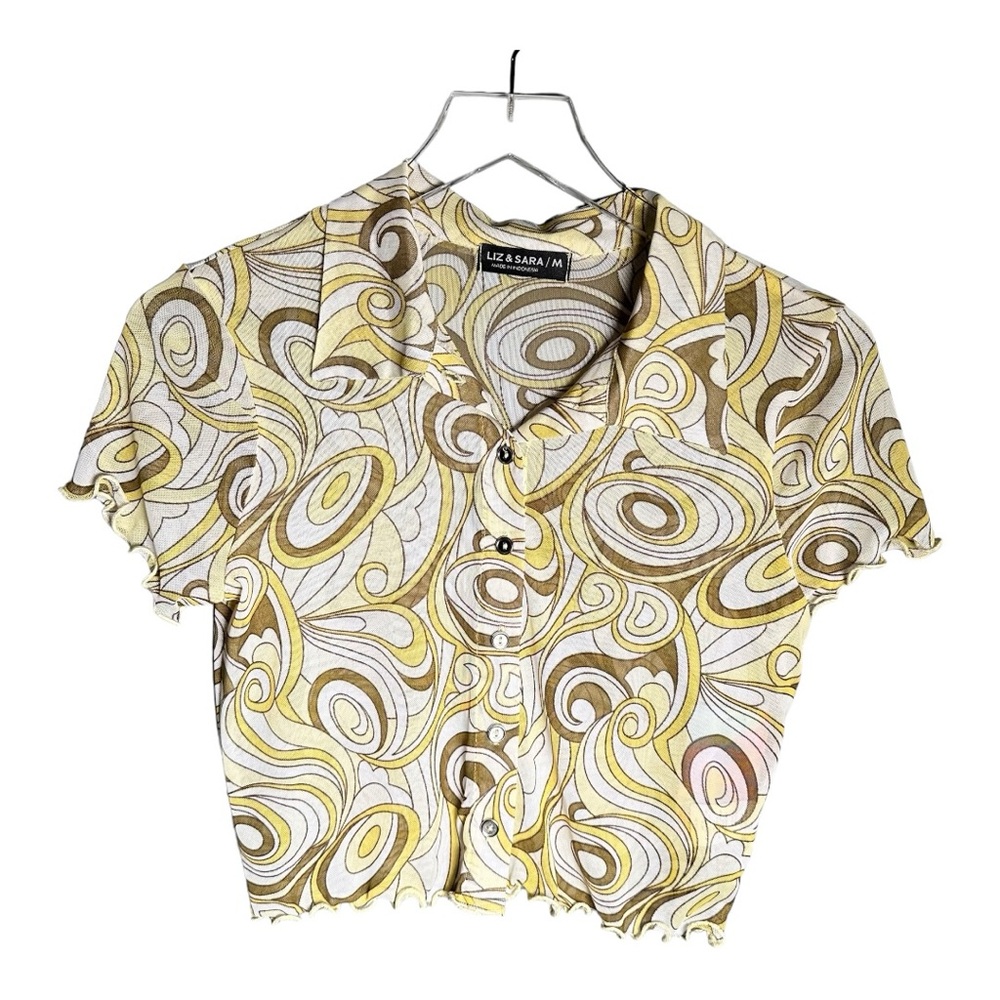 Liz & Sara Green Yellow Crop Top Abstract Mesh Sheer Shirt Size M Retro Top